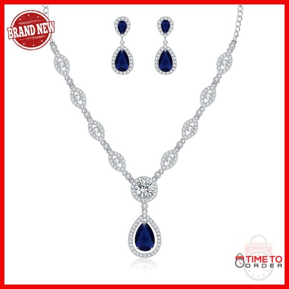 Silver Plated Cubic Zirconia Necklace & Earrings Set 18K Gold Plated